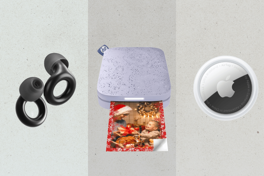 loops earplugs, hp printer, airtag on gray background