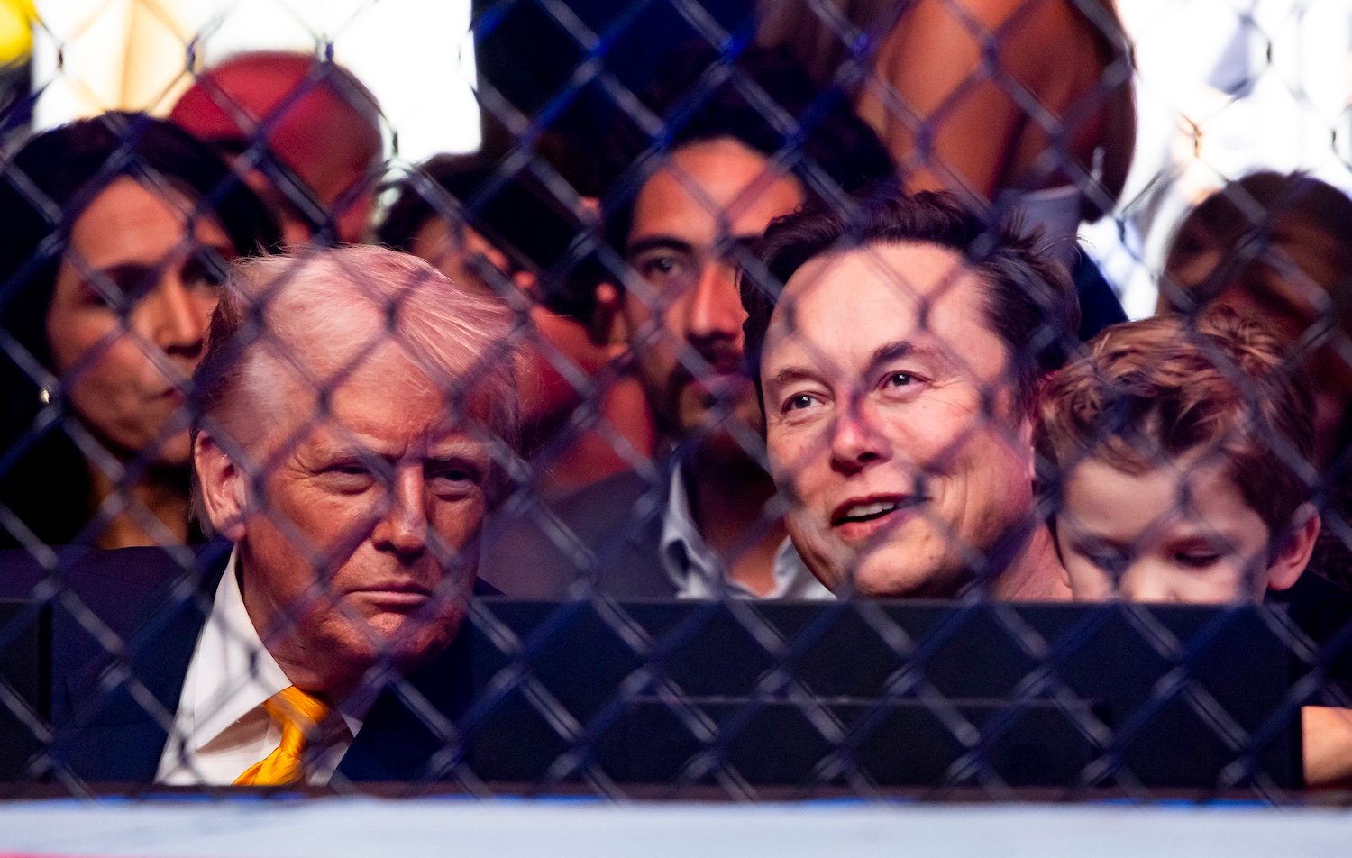 President Donald Trump and billionaire oligarch Elon Musk at UFC 314 at the Kaseya Center on Saturday, April 12, 2025, in downtown Miami.