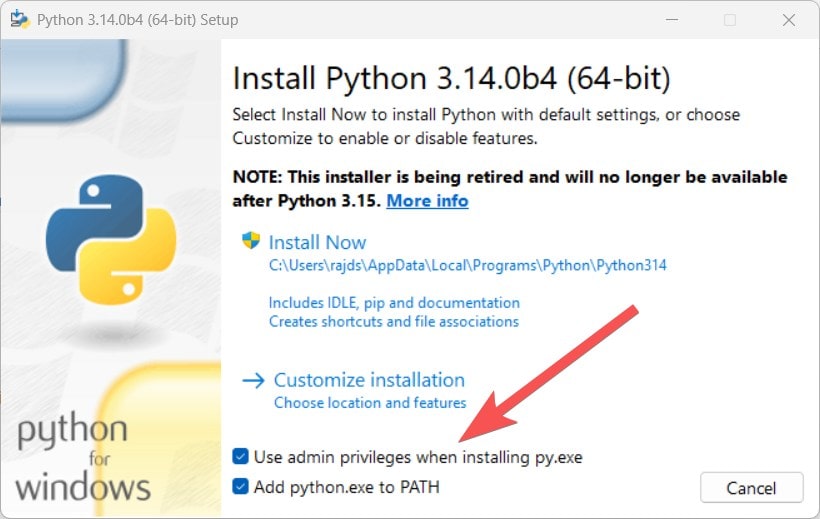 Install Python using executable file windows 11