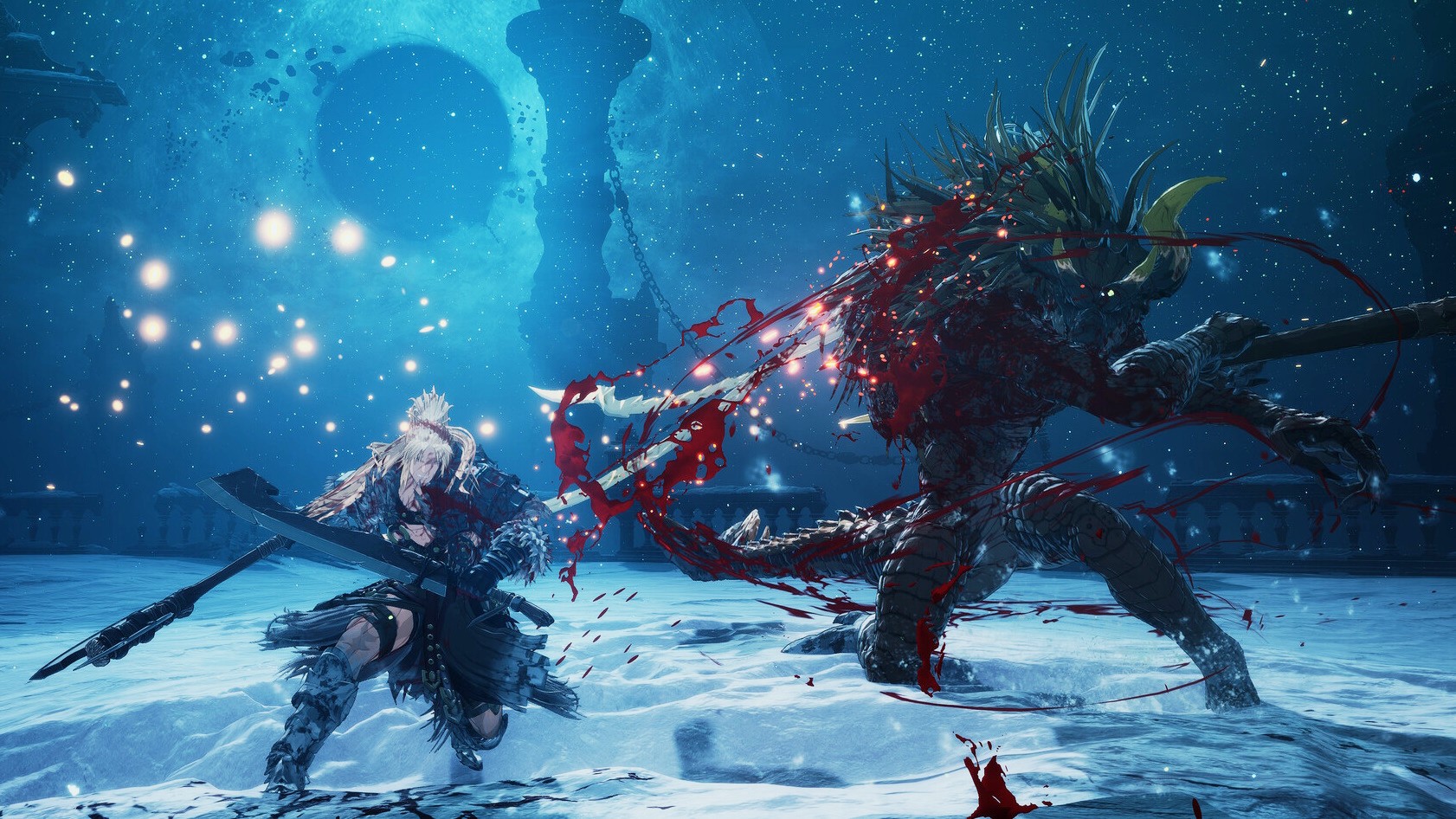 A man ka-chops a monster in a fight on blue-lit snow.