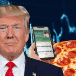 Pulse Trump Forecasting Notification promotes market fraud while the Pentagon Pizza Index stands flat. The edited image showing Donald Trump in front of a stock style background, with a pepperon pizza and a smartphone displaying a betting platform.