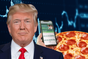 Pulse Trump Forecasting Notification promotes market fraud while the Pentagon Pizza Index stands flat. The edited image showing Donald Trump in front of a stock style background, with a pepperon pizza and a smartphone displaying a betting platform.